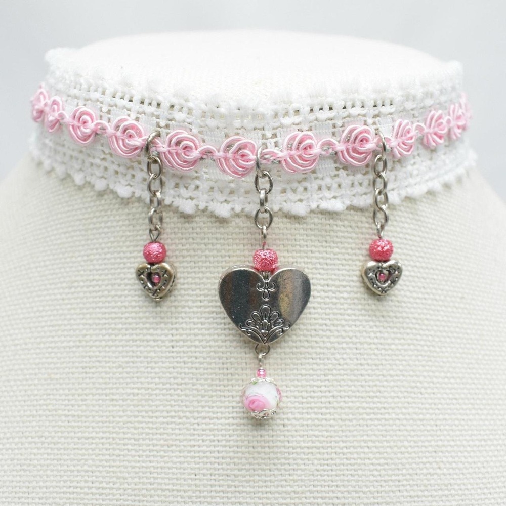 White Lace Heart Choker Necklace Pink Rosebud Y2K Cottagecore Coquette Kawaii